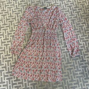 ZARA floral, long sleeve pleated V-neck mini dress